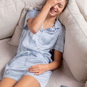 Barefoot Dreams Chambray Blue Washed Satin Short Pajama W/Sleep Mask PJ Gift Set